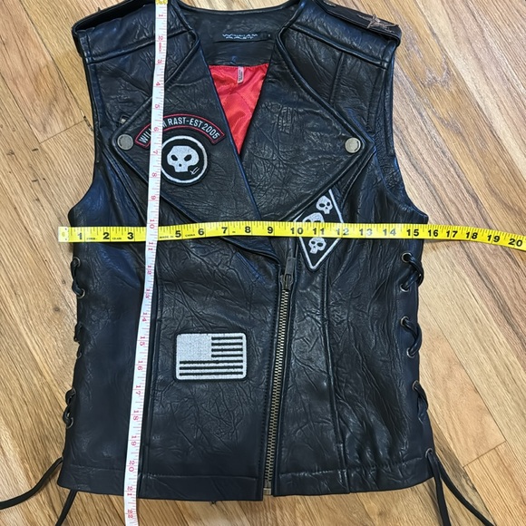 Vtg William Rast Designer Leather Moto Vest Lace Up Biker Patch Jacket - Picture 3 of 12